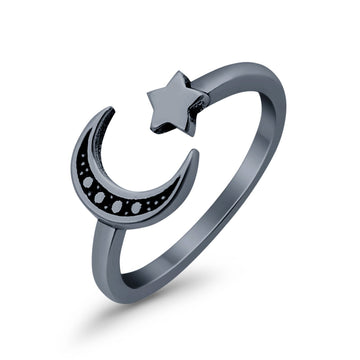 Moon and Star Toe Ring Black Tone Adjustable Band 925 Sterling Silver (7mm)